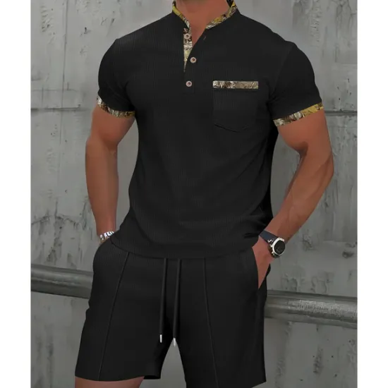 New OUKU Men's Waffle Shirt T-shirt Suits 2 Pieces Outfits Tee & Shorts Short Sleeve Standing Collar Summer Color Block Fashion Casual 2 Piece Front Pocket Vacation Daily Wear Going out Black White Royal Blue