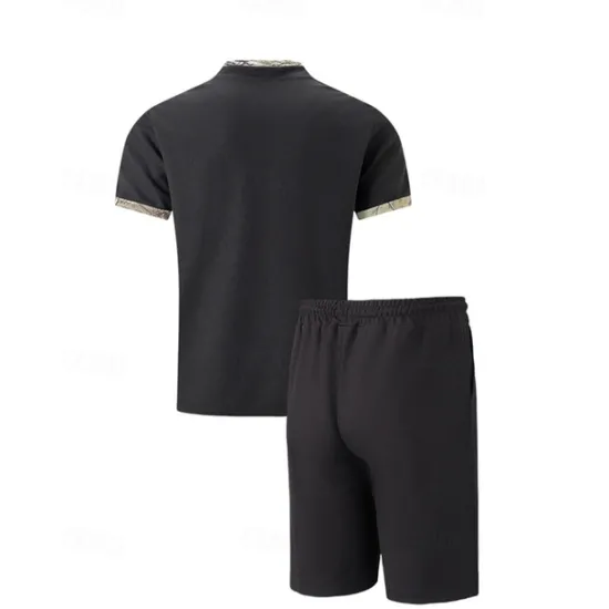 New OUKU Men's Waffle Shirt T-shirt Suits 2 Pieces Outfits Tee & Shorts Short Sleeve Standing Collar Summer Color Block Fashion Casual 2 Piece Front Pocket Vacation Daily Wear Going out Black White Royal Blue