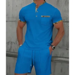 New OUKU Men's Waffle Shirt T-shirt Suits 2 Pieces Outfits Tee & Shorts Short Sleeve Standing Collar Summer Color Block Fashion Casual 2 Piece Front Pocket Vacation Daily Wear Going out Black White Royal Blue