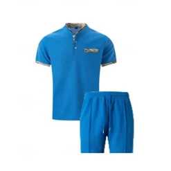 New OUKU Men's Waffle Shirt T-shirt Suits 2 Pieces Outfits Tee & Shorts Short Sleeve Standing Collar Summer Color Block Fashion Casual 2 Piece Front Pocket Vacation Daily Wear Going out Black White Royal Blue