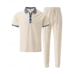 Discount OUKU Men's Waffle Shirt T-shirt Suits Shirt and Pant Sets 2 Pieces Outfits Short Sleeve Lapel Summer Color Block Fashion Casual Patchwork 2 Piece Vacation Daily Wear Going out Black White Royal Blue Top