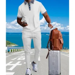 Discount OUKU Men's Waffle Shirt T-shirt Suits Shirt and Pant Sets 2 Pieces Outfits Short Sleeve Lapel Summer Color Block Fashion Casual Patchwork 2 Piece Vacation Daily Wear Going out Black White Royal Blue Top
