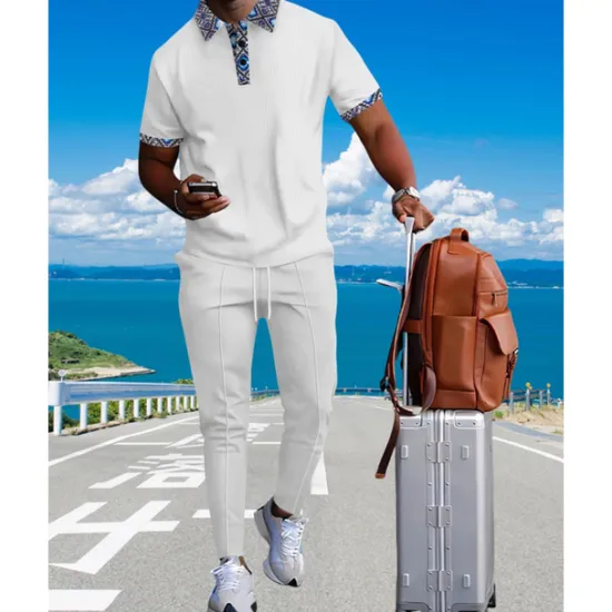Discount OUKU Men's Waffle Shirt T-shirt Suits Shirt and Pant Sets 2 Pieces Outfits Short Sleeve Lapel Summer Color Block Fashion Casual Patchwork 2 Piece Vacation Daily Wear Going out Black White Royal Blue Top