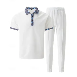 Discount OUKU Men's Waffle Shirt T-shirt Suits Shirt and Pant Sets 2 Pieces Outfits Short Sleeve Lapel Summer Color Block Fashion Casual Patchwork 2 Piece Vacation Daily Wear Going out Black White Royal Blue Top