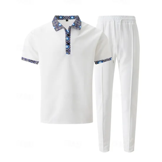 Discount OUKU Men's Waffle Shirt T-shirt Suits Shirt and Pant Sets 2 Pieces Outfits Short Sleeve Lapel Summer Color Block Fashion Casual Patchwork 2 Piece Vacation Daily Wear Going out Black White Royal Blue Top