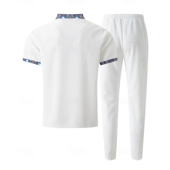 Discount OUKU Men's Waffle Shirt T-shirt Suits Shirt and Pant Sets 2 Pieces Outfits Short Sleeve Lapel Summer Color Block Fashion Casual Patchwork 2 Piece Vacation Daily Wear Going out Black White Royal Blue Top