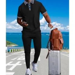 Discount OUKU Men's Waffle Shirt T-shirt Suits Shirt and Pant Sets 2 Pieces Outfits Short Sleeve Lapel Summer Color Block Fashion Casual Patchwork 2 Piece Vacation Daily Wear Going out Black White Royal Blue Top