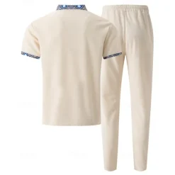 Discount OUKU Men's Waffle Shirt T-shirt Suits Shirt and Pant Sets 2 Pieces Outfits Short Sleeve Lapel Summer Color Block Fashion Casual Patchwork 2 Piece Vacation Daily Wear Going out Black White Royal Blue Top