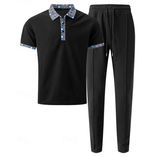 Discount OUKU Men's Waffle Shirt T-shirt Suits Shirt and Pant Sets 2 Pieces Outfits Short Sleeve Lapel Summer Color Block Fashion Casual Patchwork 2 Piece Vacation Daily Wear Going out Black White Royal Blue Top