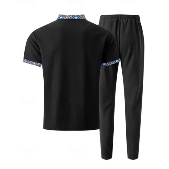 Discount OUKU Men's Waffle Shirt T-shirt Suits Shirt and Pant Sets 2 Pieces Outfits Short Sleeve Lapel Summer Color Block Fashion Casual Patchwork 2 Piece Vacation Daily Wear Going out Black White Royal Blue Top