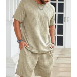 Discount OUKU Men's Waffle Shirt T-shirt Suits 2 Pieces Outfits Tee & Shorts Short Sleeve Crew Neck Summer Plain Fashion Casual 2 Piece Vacation Daily Wear Going out Black White khaki Top Tee for Men