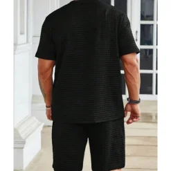 Discount OUKU Men's Waffle Shirt T-shirt Suits 2 Pieces Outfits Tee & Shorts Short Sleeve Crew Neck Summer Plain Fashion Casual 2 Piece Vacation Daily Wear Going out Black White khaki Top Tee for Men