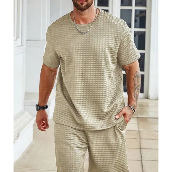 Discount OUKU Men's Waffle Shirt T-shirt Suits 2 Pieces Outfits Tee & Shorts Short Sleeve Crew Neck Summer Plain Fashion Casual 2 Piece Vacation Daily Wear Going out Black White khaki Top Tee for Men