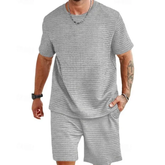 Discount OUKU Men's Waffle Shirt T-shirt Suits 2 Pieces Outfits Tee & Shorts Short Sleeve Crew Neck Summer Plain Fashion Casual 2 Piece Vacation Daily Wear Going out Black White khaki Top Tee for Men