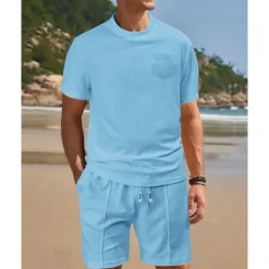 Clearance OUKU Men's Waffle Shirt T-shirt Suits 2 Pieces Outfits Tee & Shorts Short Sleeve Crew Neck Summer Plain Fashion Casual Pocket 2 Piece Vacation Daily Wear Going out Black White Wine Top Tee for Men