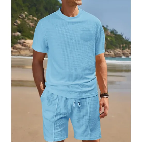 Clearance OUKU Men's Waffle Shirt T-shirt Suits 2 Pieces Outfits Tee & Shorts Short Sleeve Crew Neck Summer Plain Fashion Casual Pocket 2 Piece Vacation Daily Wear Going out Black White Wine Top Tee for Men