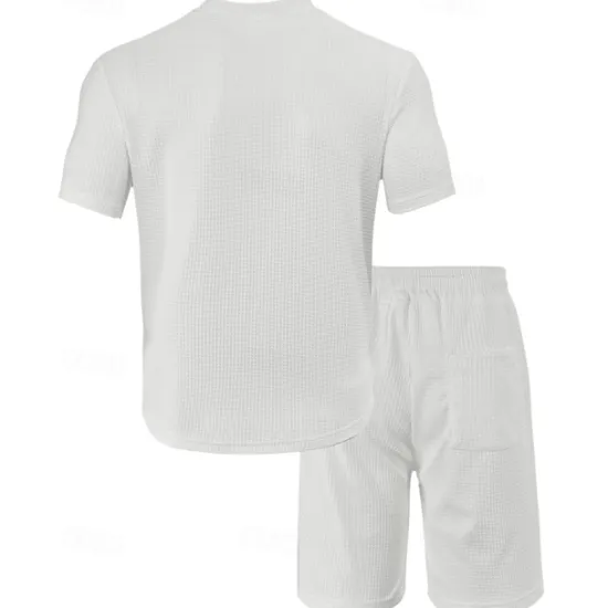 Clearance OUKU Men's Waffle Shirt T-shirt Suits 2 Pieces Outfits Tee & Shorts Short Sleeve Crew Neck Summer Plain Fashion Casual Pocket 2 Piece Vacation Daily Wear Going out Black White Wine Top Tee for Men