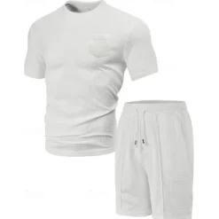 Clearance OUKU Men's Waffle Shirt T-shirt Suits 2 Pieces Outfits Tee & Shorts Short Sleeve Crew Neck Summer Plain Fashion Casual Pocket 2 Piece Vacation Daily Wear Going out Black White Wine Top Tee for Men