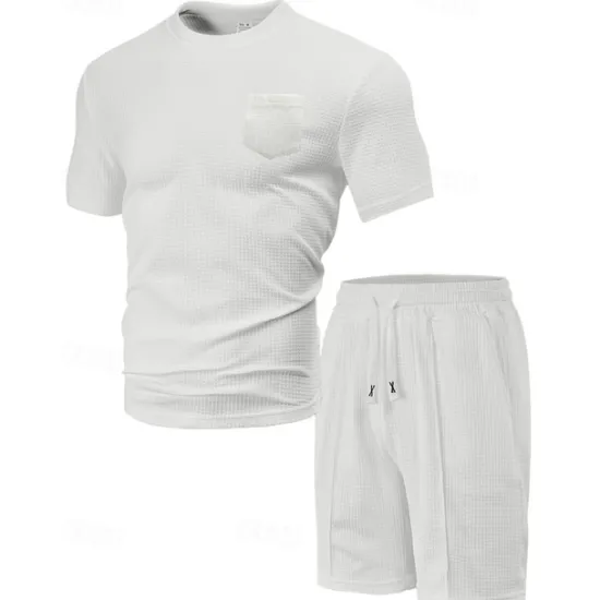 Clearance OUKU Men's Waffle Shirt T-shirt Suits 2 Pieces Outfits Tee & Shorts Short Sleeve Crew Neck Summer Plain Fashion Casual Pocket 2 Piece Vacation Daily Wear Going out Black White Wine Top Tee for Men