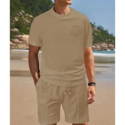 Clearance OUKU Men's Waffle Shirt T-shirt Suits 2 Pieces Outfits Tee & Shorts Short Sleeve Crew Neck Summer Plain Fashion Casual Pocket 2 Piece Vacation Daily Wear Going out Black White Wine Top Tee for Men