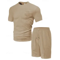 Clearance OUKU Men's Waffle Shirt T-shirt Suits 2 Pieces Outfits Tee & Shorts Short Sleeve Crew Neck Summer Plain Fashion Casual Pocket 2 Piece Vacation Daily Wear Going out Black White Wine Top Tee for Men