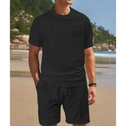 Clearance OUKU Men's Waffle Shirt T-shirt Suits 2 Pieces Outfits Tee & Shorts Short Sleeve Crew Neck Summer Plain Fashion Casual Pocket 2 Piece Vacation Daily Wear Going out Black White Wine Top Tee for Men