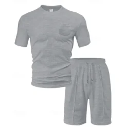 Clearance OUKU Men's Waffle Shirt T-shirt Suits 2 Pieces Outfits Tee & Shorts Short Sleeve Crew Neck Summer Plain Fashion Casual Pocket 2 Piece Vacation Daily Wear Going out Black White Wine Top Tee for Men