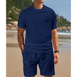 Clearance OUKU Men's Waffle Shirt T-shirt Suits 2 Pieces Outfits Tee & Shorts Short Sleeve Crew Neck Summer Plain Fashion Casual Pocket 2 Piece Vacation Daily Wear Going out Black White Wine Top Tee for Men