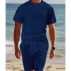 Clearance OUKU Men's Waffle Shirt T-shirt Suits 2 Pieces Outfits Tee & Shorts Short Sleeve Crew Neck Summer Plain Fashion Casual Pocket 2 Piece Vacation Daily Wear Going out Black White Wine Top Tee for Men