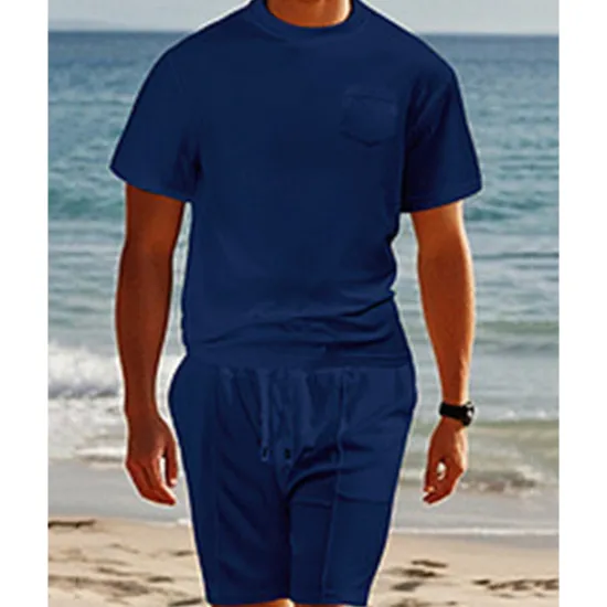 Clearance OUKU Men's Waffle Shirt T-shirt Suits 2 Pieces Outfits Tee & Shorts Short Sleeve Crew Neck Summer Plain Fashion Casual Pocket 2 Piece Vacation Daily Wear Going out Black White Wine Top Tee for Men
