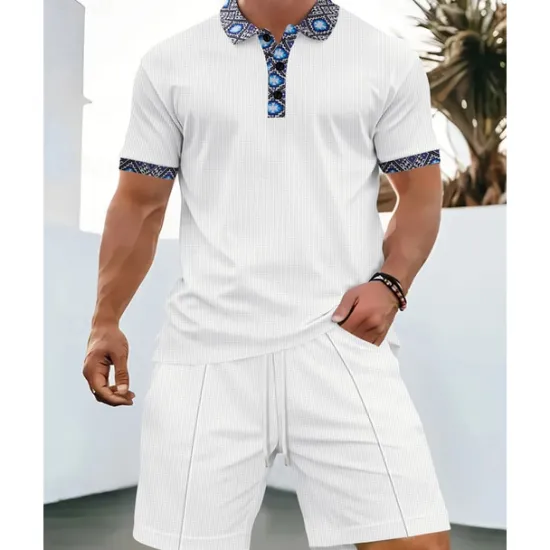 Online OUKU Men's Waffle Shirt T-shirt Suits 2 Pieces Outfits Tee & Shorts Short Sleeve Lapel Summer Plain Fashion Casual Patchwork 2 Piece Vacation Daily Wear Going out Black White Royal Blue Top Tee for Men