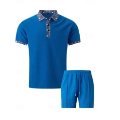 Online OUKU Men's Waffle Shirt T-shirt Suits 2 Pieces Outfits Tee & Shorts Short Sleeve Lapel Summer Plain Fashion Casual Patchwork 2 Piece Vacation Daily Wear Going out Black White Royal Blue Top Tee for Men