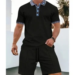 Online OUKU Men's Waffle Shirt T-shirt Suits 2 Pieces Outfits Tee & Shorts Short Sleeve Lapel Summer Plain Fashion Casual Patchwork 2 Piece Vacation Daily Wear Going out Black White Royal Blue Top Tee for Men