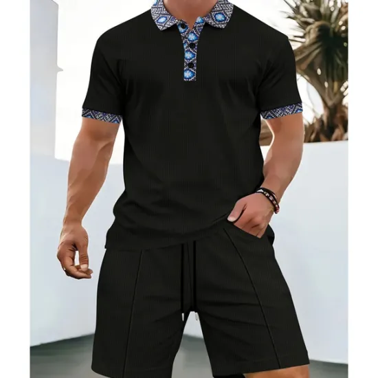 Online OUKU Men's Waffle Shirt T-shirt Suits 2 Pieces Outfits Tee & Shorts Short Sleeve Lapel Summer Plain Fashion Casual Patchwork 2 Piece Vacation Daily Wear Going out Black White Royal Blue Top Tee for Men