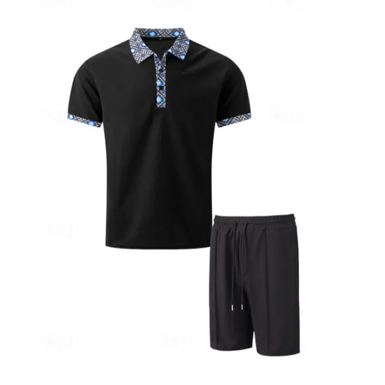 Online OUKU Men's Waffle Shirt T-shirt Suits 2 Pieces Outfits Tee & Shorts Short Sleeve Lapel Summer Plain Fashion Casual Patchwork 2 Piece Vacation Daily Wear Going out Black White Royal Blue Top Tee for Men