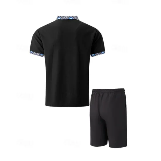 Online OUKU Men's Waffle Shirt T-shirt Suits 2 Pieces Outfits Tee & Shorts Short Sleeve Lapel Summer Plain Fashion Casual Patchwork 2 Piece Vacation Daily Wear Going out Black White Royal Blue Top Tee for Men