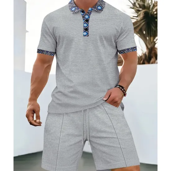 Online OUKU Men's Waffle Shirt T-shirt Suits 2 Pieces Outfits Tee & Shorts Short Sleeve Lapel Summer Plain Fashion Casual Patchwork 2 Piece Vacation Daily Wear Going out Black White Royal Blue Top Tee for Men