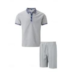 Online OUKU Men's Waffle Shirt T-shirt Suits 2 Pieces Outfits Tee & Shorts Short Sleeve Lapel Summer Plain Fashion Casual Patchwork 2 Piece Vacation Daily Wear Going out Black White Royal Blue Top Tee for Men