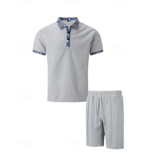 Online OUKU Men's Waffle Shirt T-shirt Suits 2 Pieces Outfits Tee & Shorts Short Sleeve Lapel Summer Plain Fashion Casual Patchwork 2 Piece Vacation Daily Wear Going out Black White Royal Blue Top Tee for Men