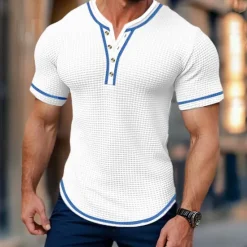 New OUKU Men's Waffle Shirt V Neck Tee Short Sleeve Shirt Tee Top Solid Color Henley Outdoor Street Short Sleeve Patchwork Button Clothing Apparel Daily