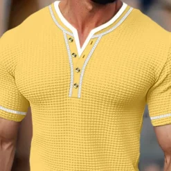 New OUKU Men's Waffle Shirt V Neck Tee Short Sleeve Shirt Tee Top Solid Color Henley Outdoor Street Short Sleeve Patchwork Button Clothing Apparel Daily
