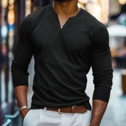 Clearance OUKU Men's Waffle Shirt V Neck Tee Tee Top Long Sleeve Shirt Long Sleeve V Neck Spring & Fall Solid Color Daily Casual Street Style V Neck Outdoor Street Causal Black White Orange Top Tee for Men