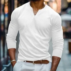 Clearance OUKU Men's Waffle Shirt V Neck Tee Tee Top Long Sleeve Shirt Long Sleeve V Neck Spring & Fall Solid Color Daily Casual Street Style V Neck Outdoor Street Causal Black White Orange Top Tee for Men