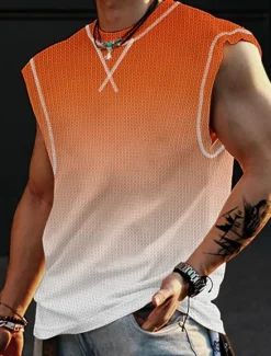 Sale OUKU Men's Waffle Shirt Waffle Tank Top Tank Top Vest Top Sleeveless Crew Neck Summer Gradient Fashion Designer Muscle Outdoor Going out Gym Pink Blue Orange Top Tee for Men