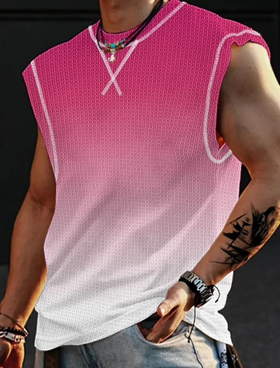 Sale OUKU Men's Waffle Shirt Waffle Tank Top Tank Top Vest Top Sleeveless Crew Neck Summer Gradient Fashion Designer Muscle Outdoor Going out Gym Pink Blue Orange Top Tee for Men