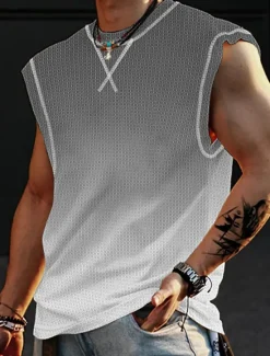 Sale OUKU Men's Waffle Shirt Waffle Tank Top Tank Top Vest Top Sleeveless Crew Neck Summer Gradient Fashion Designer Muscle Outdoor Going out Gym Pink Blue Orange Top Tee for Men