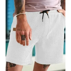 Best OUKU Men's Waffle Shorts Shorts Summer Shorts Casual Shorts Pocket Drawstring Elastic Waist Plain Comfort Breathable Short Outdoor Vacation Sport Casual Black White