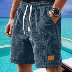 New OUKU Men's Waffle Shorts Shorts Summer Shorts Casual Shorts Pocket Drawstring Elastic Waist Plain Comfort Breathable Short Outdoor Vacation Sport Casual Black White Micro-elastic