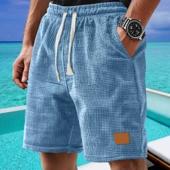 New OUKU Men's Waffle Shorts Shorts Summer Shorts Casual Shorts Pocket Drawstring Elastic Waist Plain Comfort Breathable Short Outdoor Vacation Sport Casual Black White Micro-elastic