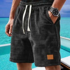 New OUKU Men's Waffle Shorts Shorts Summer Shorts Casual Shorts Pocket Drawstring Elastic Waist Plain Comfort Breathable Short Outdoor Vacation Sport Casual Black White Micro-elastic